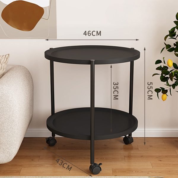 Double-Decker Round Plastic Side Table with Wheels - Modern Movable Sofa Coffee Table, Mini Storage Rack for Living Room