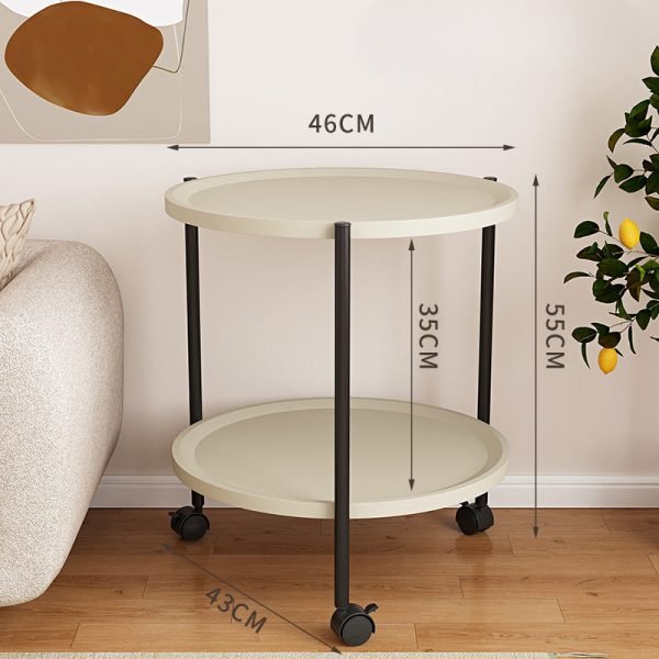 Double-Decker Round Plastic Side Table with Wheels - Modern Movable Sofa Coffee Table, Mini Storage Rack for Living Room