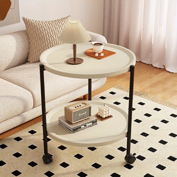 Double-Decker Round Plastic Side Table with Wheels - Modern Movable Sofa Coffee Table, Mini Storage Rack for Living Room