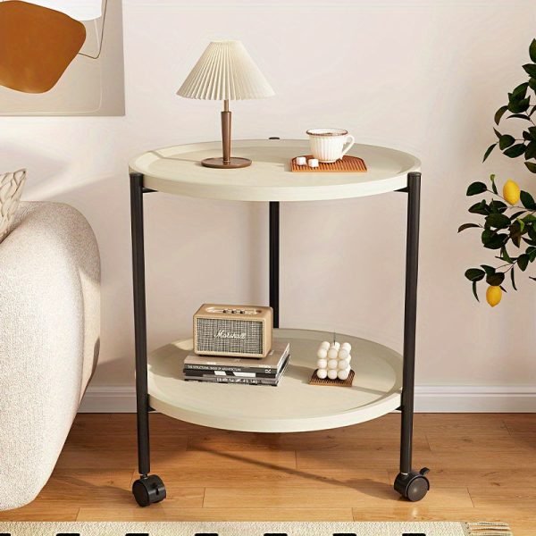 Double-Decker Round Plastic Side Table with Wheels - Modern Movable Sofa Coffee Table, Mini Storage Rack for Living Room