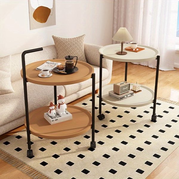 Double-Decker Round Plastic Side Table with Wheels - Modern Movable Sofa Coffee Table, Mini Storage Rack for Living Room
