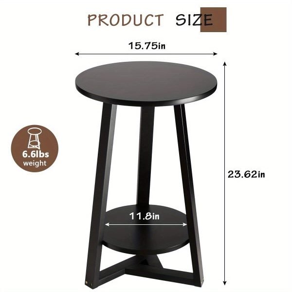 Black Side Table, Two-Tier Round End Table, Modern Small Side Table Living Room, Bedroom & Balcony, Black End Table with Storage Shelf with Solid Wooden Legs