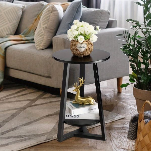 Black Side Table, Two-Tier Round End Table, Modern Small Side Table Living Room, Bedroom & Balcony, Black End Table with Storage Shelf with Solid Wooden Legs