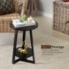Black Side Table, Two-Tier Round End Table, Modern Small Side Table Living Room, Bedroom & Balcony, Black End Table with Storage Shelf with Solid Wooden Legs