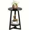 Black Side Table, Two-Tier Round End Table, Modern Small Side Table Living Room, Bedroom & Balcony, Black End Table with Storage Shelf with Solid Wooden Legs