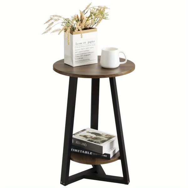 Black Side Table, Two-Tier Round End Table, Modern Small Side Table Living Room, Bedroom & Balcony, Black End Table with Storage Shelf with Solid Wooden Legs
