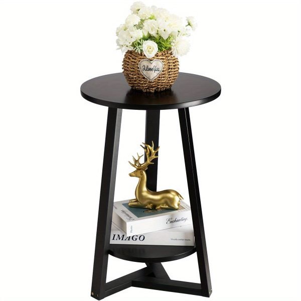 Black Side Table, Two-Tier Round End Table, Modern Small Side Table Living Room, Bedroom & Balcony, Black End Table with Storage Shelf with Solid Wooden Legs