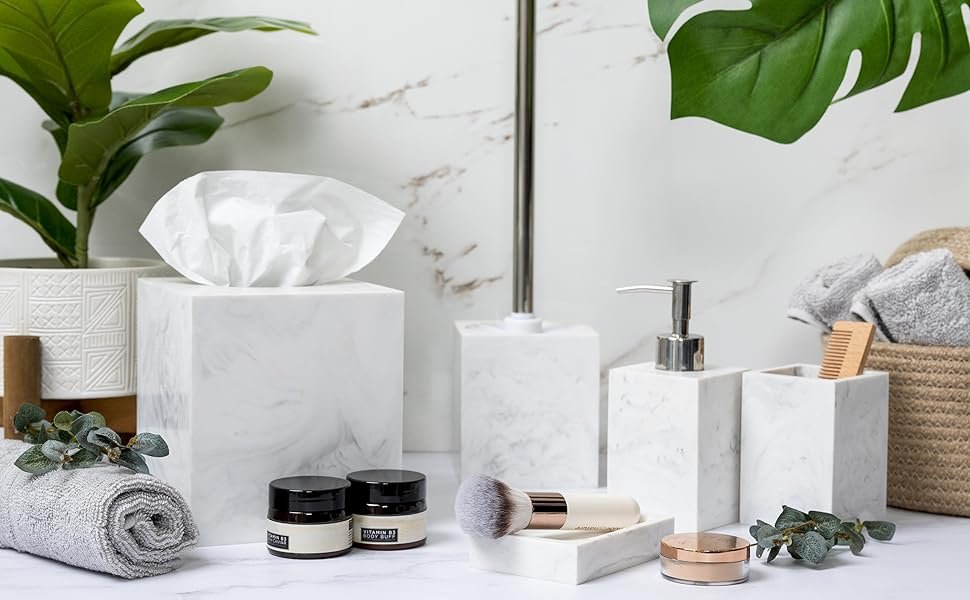 bathroom accessory set with fiddle leaf tree counter top decor