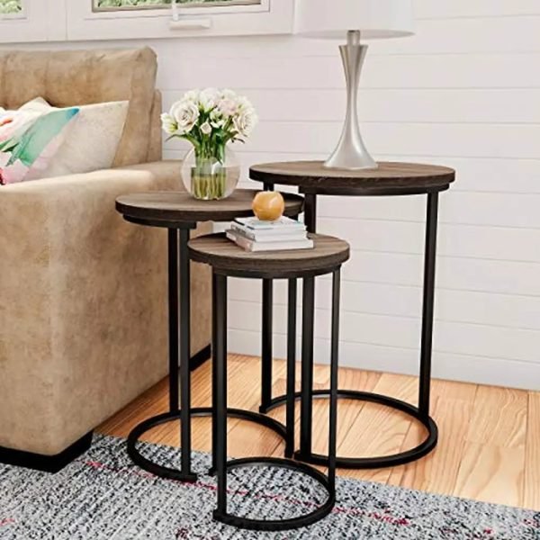 3-Piece-Nesting-Round-Living-Room-End-Tables-Modern-Style-Gray-Brown-Woodgrain-Look-Metal-Base 3-Piece Nesting Round Living Room End Tables Modern Style Gray-Brown Woodgrain-Look Metal Base Versatile Set Home Décor.