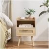Nightstand,Bedside Table with PE Rattan Decor Drawer,Rattan Night Stand with Solid Wood Legs,Side Table with Drawer Open Shelf,End Table for Bedroom,Living Room,Yellow