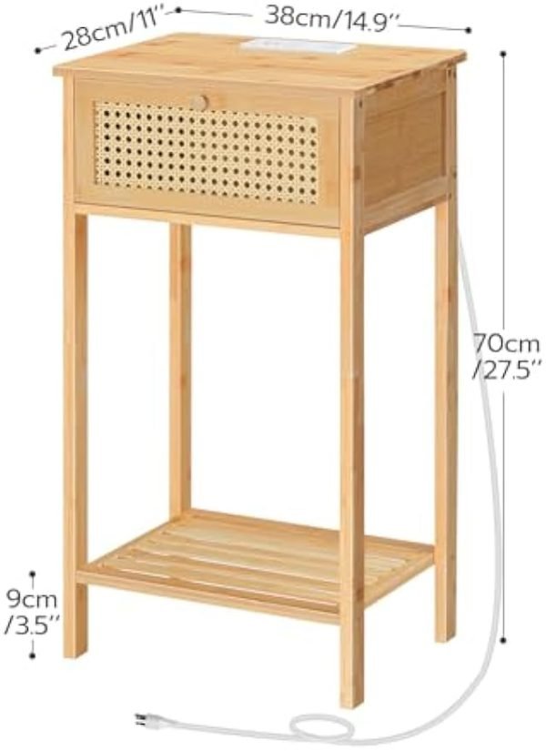 Bamboo Side Table with Charging Station, Rattan Nightstand with Drawer, Tall End Table with USB Ports and Outlet, Narrow Bedside Table, for Living Room, Bedroom, Hallway, Natural YL109UBZ01