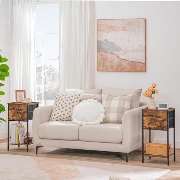 End Table with 2 Fabric Drawers and Storage Shelf, Industrial Nightstand, 23.6 Inch Tall Side Table, Bedside Table for Living Room Bedroom, Rustic Brown and Black BF106BZ01