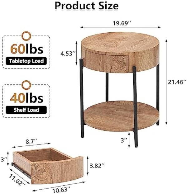 41B7SanPg0L._AC_UY879 Round End Table Wood Side Table with Drawer Farmhouse Circle End Tables Accent Bedside Table Metal Frame Small Nightstand for Living Room, Bedroom and Small Spaces, Easy Assembly (Natural)