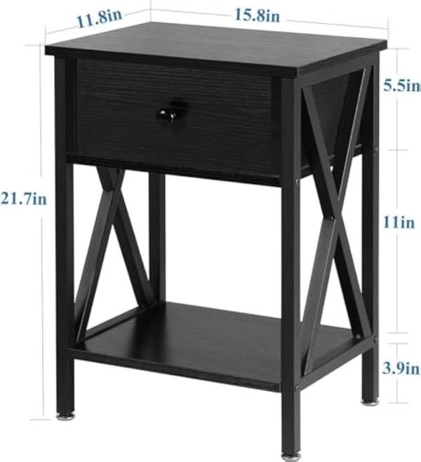 Versatile End Storage Shelf Side Table, Black, Nightstand with Drawer, Retro Blk