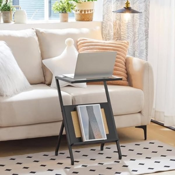 Rattan Side Table, Z Shaped End Table with Magazine Rack, Mid Century Bedside Table with Tempered Glass Top for Sofa Couch, Living Room, Bedroom and Small Spaces, Black BK09SF01