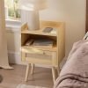 Nightstand,Bedside Table with PE Rattan Decor Drawer,Rattan Night Stand with Solid Wood Legs,Side Table with Drawer Open Shelf,End Table for Bedroom,Living Room,Yellow