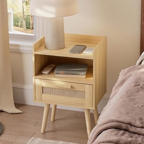Nightstand,Bedside Table with PE Rattan Decor Drawer,Rattan Night Stand with Solid Wood Legs,Side Table with Drawer Open Shelf,End Table for Bedroom,Living Room,Yellow