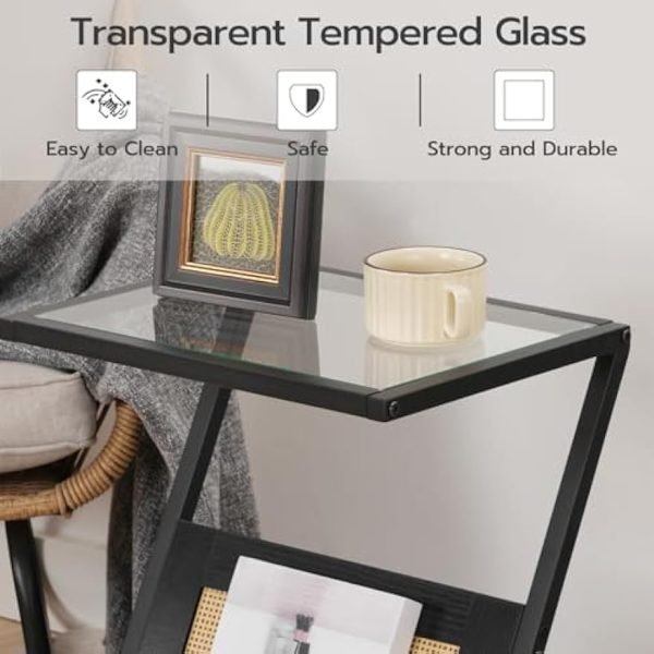 Rattan Side Table, Z Shaped End Table with Magazine Rack, Mid Century Bedside Table with Tempered Glass Top for Sofa Couch, Living Room, Bedroom and Small Spaces, Black BK09SF01