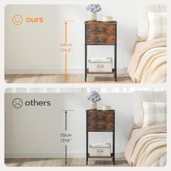 End Table with 2 Fabric Drawers and Storage Shelf, Industrial Nightstand, 23.6 Inch Tall Side Table, Bedside Table for Living Room Bedroom, Rustic Brown and Black BF106BZ01