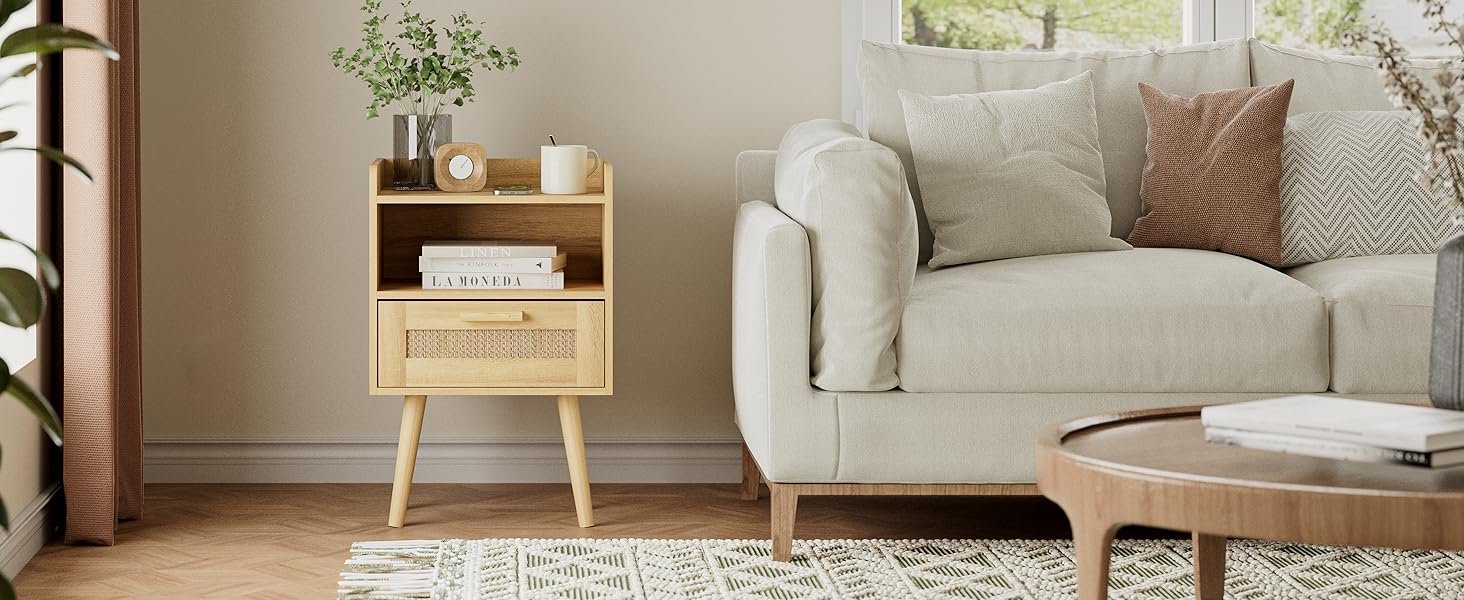 2-Tier Nightstand End Table Side Table for Bedroom Home Office Bedside Cabinets with 1-Drawer and Open Shelf, Weathered Grey