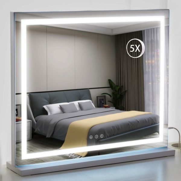 5122qK5BSTL._AC_SL1000 Lighted Makeup Mirror, Hollywood Vanity Mirror with Lights, Three Color Lighting Modes, and 5X Magnification Mirror, Smart Touch Control, 360°Rotation (15.2in. White)