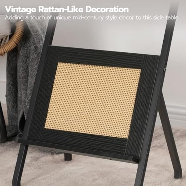 Rattan Side Table, Z Shaped End Table with Magazine Rack, Mid Century Bedside Table with Tempered Glass Top for Sofa Couch, Living Room, Bedroom and Small Spaces, Black BK09SF01