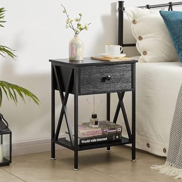Versatile End Storage Shelf Side Table, Black, Nightstand with Drawer, Retro Blk