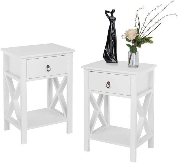White bedside table, small bedside table with drawers and shelves, farmhouse bedside table bedroom, coffee table, bedside table, white side table with rustic handles, suitable for small spaces, dormitories, children's room, living room
