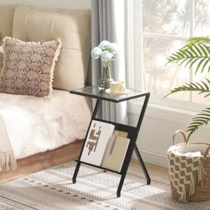 Rattan Side Table, Z Shaped End Table with Magazine Rack, Mid Century Bedside Table with Tempered Glass Top for Sofa Couch, Living Room, Bedroom and Small Spaces, Black BK09SF01