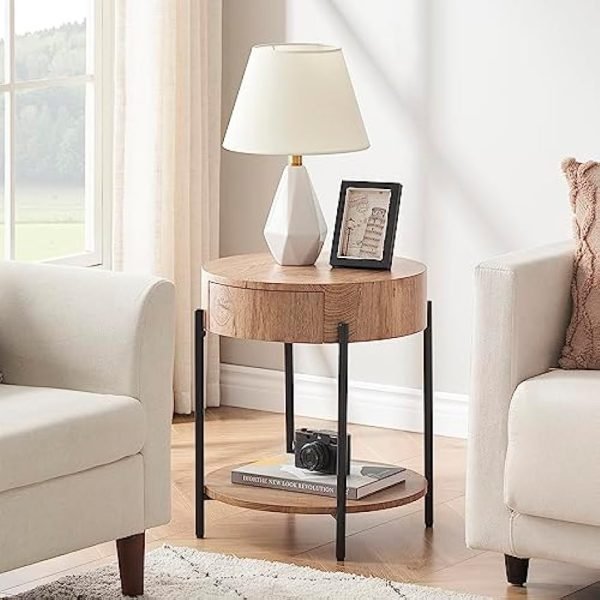 51SQXLl41zL._AC_UY879 Round End Table Wood Side Table with Drawer Farmhouse Circle End Tables Accent Bedside Table Metal Frame Small Nightstand for Living Room, Bedroom and Small Spaces, Easy Assembly (Natural)