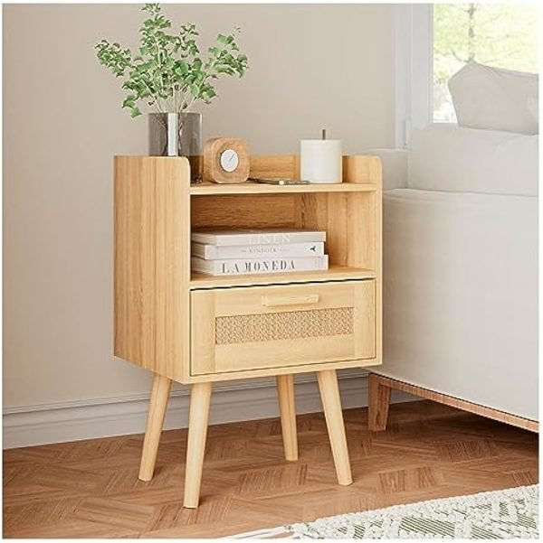 Nightstand,Bedside Table with PE Rattan Decor Drawer,Rattan Night Stand with Solid Wood Legs,Side Table with Drawer Open Shelf,End Table for Bedroom,Living Room,Yellow