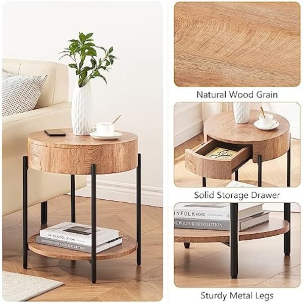 51d_LBNRFML._AC_UY879 Round End Table Wood Side Table with Drawer Farmhouse Circle End Tables Accent Bedside Table Metal Frame Small Nightstand for Living Room, Bedroom and Small Spaces, Easy Assembly (Natural)