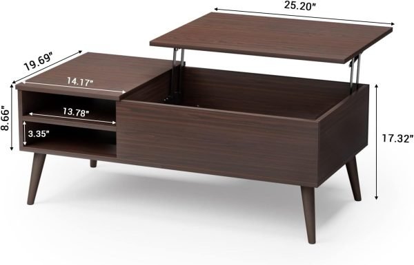 Wood Lift Top Coffee Table with Hidden Compartment, Storage Shelf and Metal Frame, Modern Center Table for Home Living Room Office (Deep Brown)