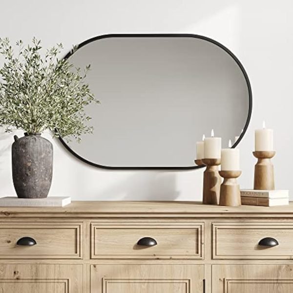 24x36 Black Oval Mirror, Metal Framed Mirror for Wall, Wall-Mounted Bathroom Vanity Mirrors