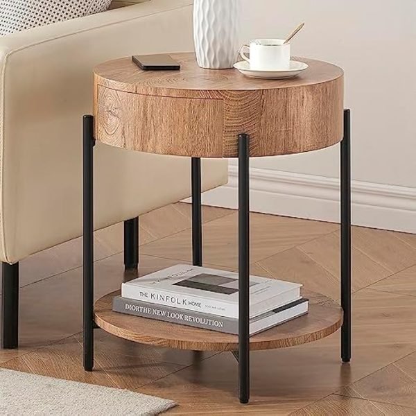 51mxY6JpceL._AC_UY879 Round End Table Wood Side Table with Drawer Farmhouse Circle End Tables Accent Bedside Table Metal Frame Small Nightstand for Living Room, Bedroom and Small Spaces, Easy Assembly (Natural)