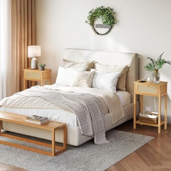 Bamboo Side Table with Charging Station, Rattan Nightstand with Drawer, Tall End Table with USB Ports and Outlet, Narrow Bedside Table, for Living Room, Bedroom, Hallway, Natural YL109UBZ01