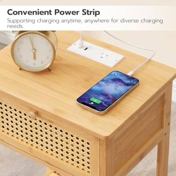 Bamboo Side Table with Charging Station, Rattan Nightstand with Drawer, Tall End Table with USB Ports and Outlet, Narrow Bedside Table, for Living Room, Bedroom, Hallway, Natural YL109UBZ01