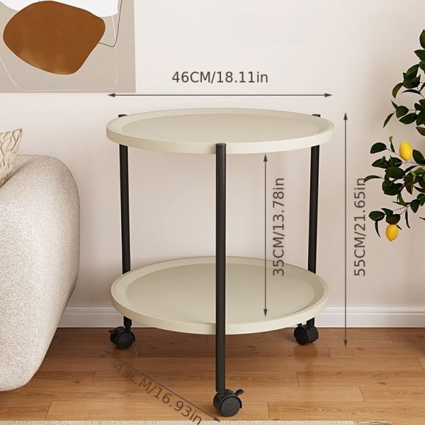 Double-Decker Round Plastic Side Table with Wheels - Modern Movable Sofa Coffee Table, Mini Storage Rack for Living Room