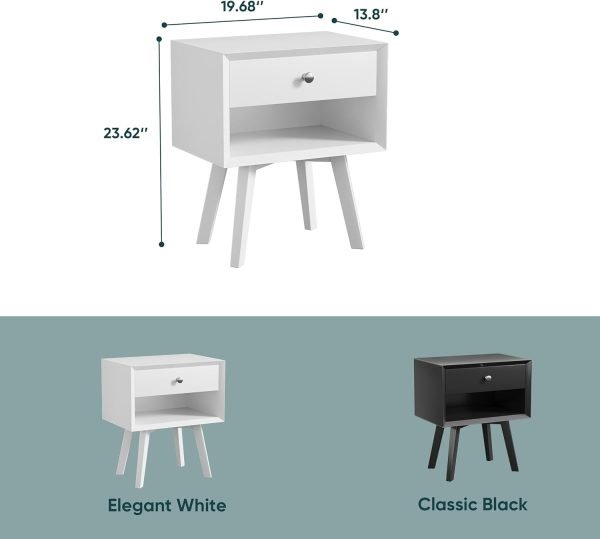 White Night Stand, Mid Century Modern Wood Nightstand with One Drawer, Bedside Table with Open Storage Shelf and Solid Wood Legs, Bed Side Table for Bedroom, End Tables for Living Room