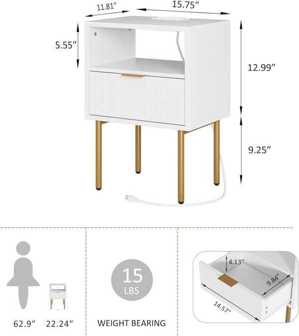 61-u6OgO-xL._AC_SL1500 Nightstand with Charging Station,Small Bedside Table with Gold Frame,White Night Stand,Bedside Furniture,Side Table with Drawer and Shelf for Bedroom,Living Room,Stripe