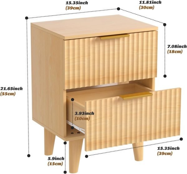 Wooden Nightstand with 2 Drawers, Small Bedside Table with Storage, Mid Century Modern End Side Table with Wood Fluted Drawers for Bedroom, Living Room（Natural）