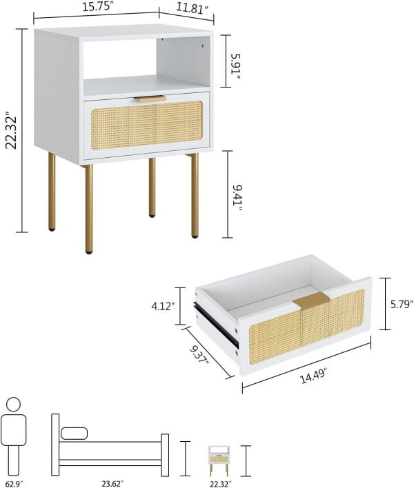 613a9kpHQzL._AC_SL1500 Rattan Nightstand, Drawer Dresser for Bedroom, Small Side Table with Drawer, Bedside Furniture, Night Stand, End Table with Gold Frame for Bedroom, Living Room, White