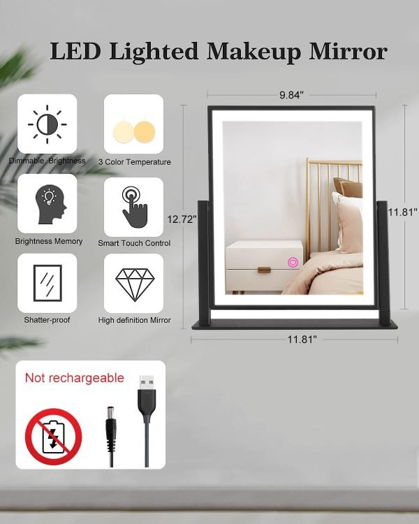 613dF6L1WqL._AC_SL1500 Classic Makeup Mirror with Lights, Lighted Vanity Mirror with Dimmable Light, Smart Control, Memory, Adjustable Warm White/Natural/Daylight, Birthday Wedding Gift, 360°Rotation (13in. Black)