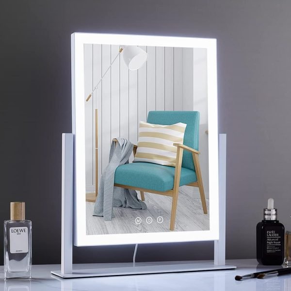 613uWdbbcaL._AC_SL1000 Lighted Makeup Mirror, Hollywood Vanity Mirror with Lights, Three Color Lighting Modes, and 5X Magnification Mirror, Smart Touch Control, 360°Rotation (15.2in. White)