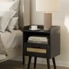 Nightstand,Boho Bedside Table,Black Night Stand with Rattan Decorated Drawers,Bedside Furniture, Wood End Table for Bedroom,Living Room,Natural