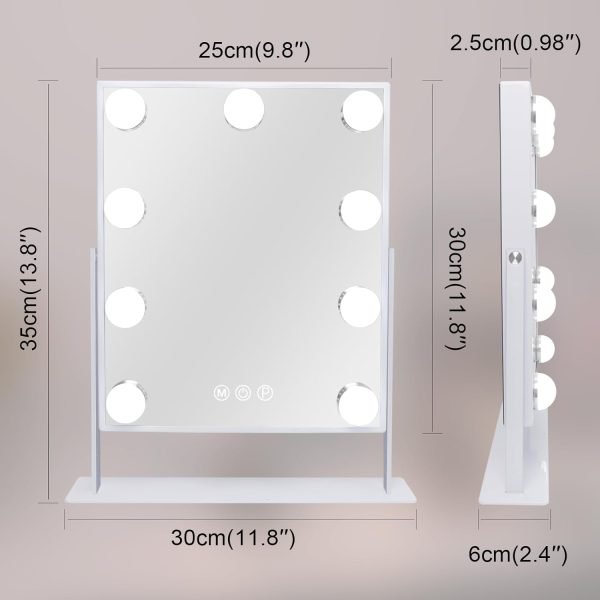 Vanity Mirror with Lights Hollywood Lighted Makeup Mirror with 9 Dimmable Bulbs & 3 Color Lighting Modes, Detachable 10X Magnification Mirror and 360 Degree Rotation(White)