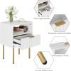Nightstand,Fluted Bedside Table with Gold Frame,White Nightstand,Bedside Furniture, Modern Side Table with Drawer and Shelf for Bedroom,Living Room