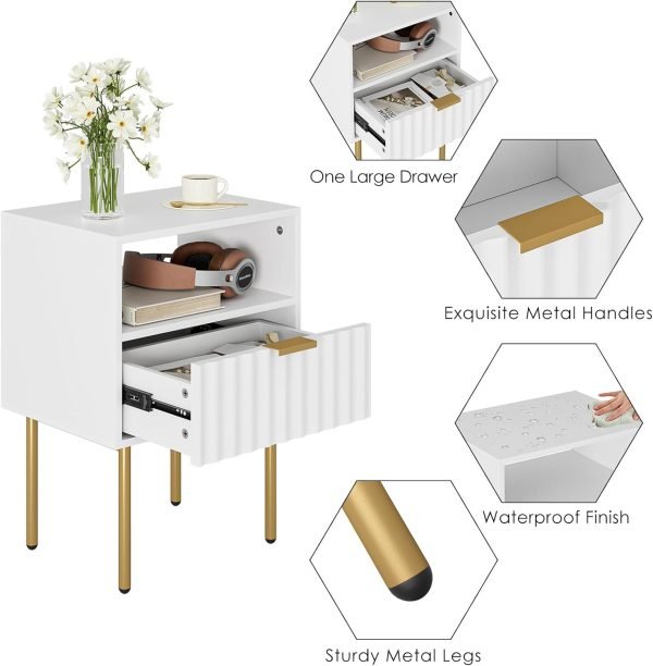 Nightstand,Fluted Bedside Table with Gold Frame,White Nightstand,Bedside Furniture, Modern Side Table with Drawer and Shelf for Bedroom,Living Room