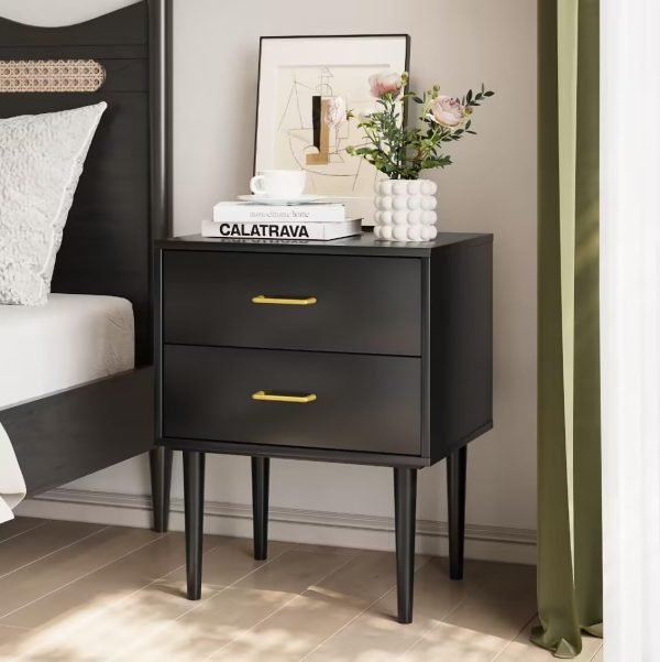 White Night Stand, Mid Century Modern Wood Nightstand with One Drawer, Bedside Table with Open Storage Shelf and Solid Wood Legs, Bed Side Table for Bedroom, End Tables for Living Room