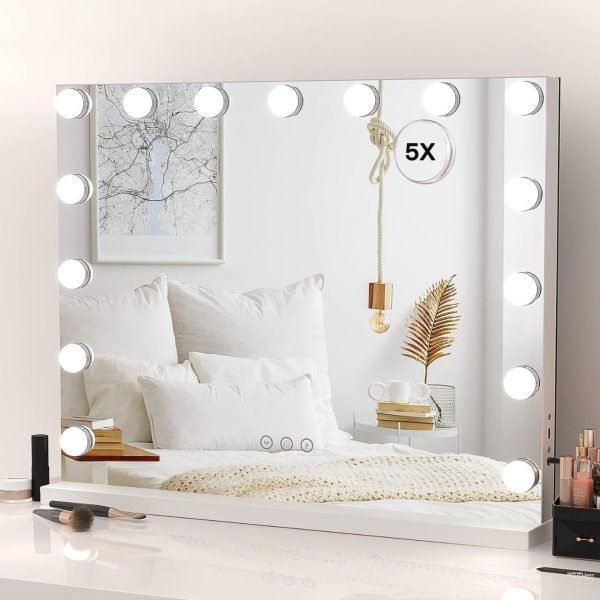 61FfTfUfeNL._AC_SL1280 Hollywood Vanity Mirror with 9 Dimmable Bulbs Lights, Three Color Lighting Modes, and 5X Magnification, Smart Touch Control, 360°Rotation (White,Gift Box)